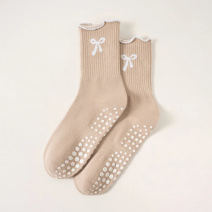 1 pairs of anti-slip grip Pilates socks, pure cotton breathable yoga socks, high elasticity sweat-absorbing mid-calf socks