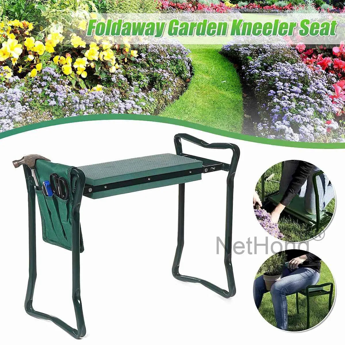Garden Kneeler 2-In-1 Folding Gardening Padded Seat And Kneeling Stool Tool Bag~