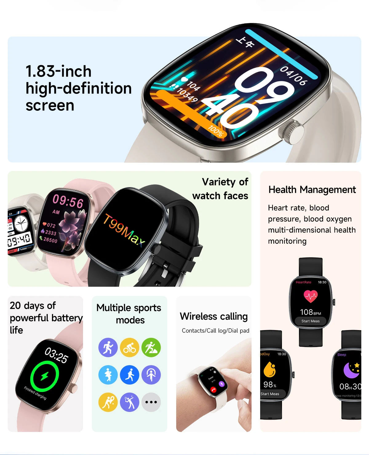 New Smart Watch Android IOS Phone 1.44 Inch Color Screen Bluetooth Call Blood Oxygen/Pressure Monitoring Smart Watch Women Men
