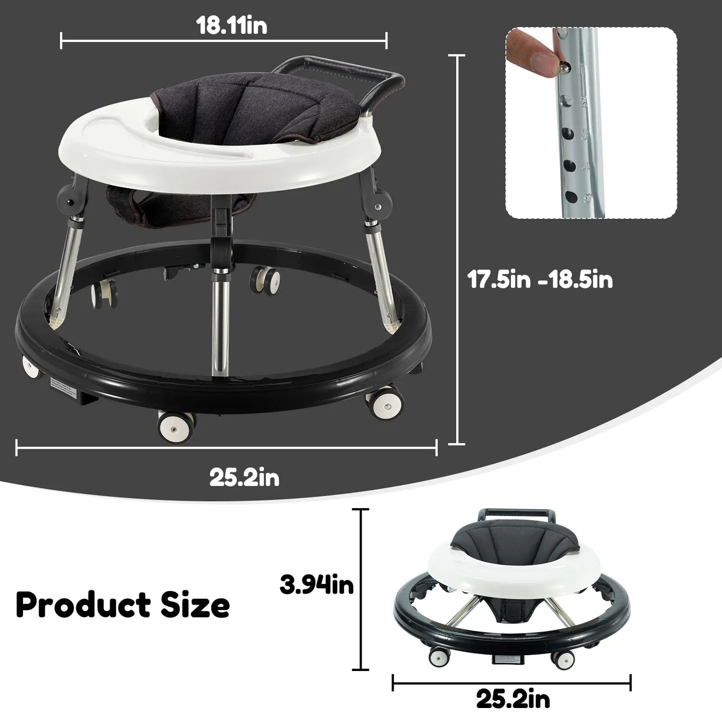 Baby Walker Foldable with 5 Adjustable Heights, Baby Walkers and Activity Center for Boys Girls Babies 7-18 Months, Baby Walker