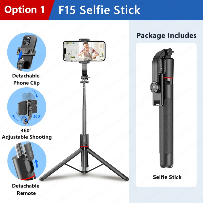 F15 Selfie Stick Tripod Extendable Pole with Wireless Bluetooth Remote Phone Holder for Smartphone Shooting Vlog Video Recording