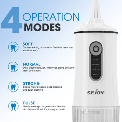 Sejoy C13 Home Oral Irrigator Water Dental Flosser Portable 4 Modes Cordless Rechargeable Waterproof Teeth Pick for Travel,White