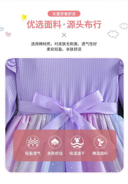 Girls Dress Blue Autumn Princess Dress Kids Clothes Birthday Party Dress Pink Long-sleeved for Children Fashion Rainbow 1-6Y