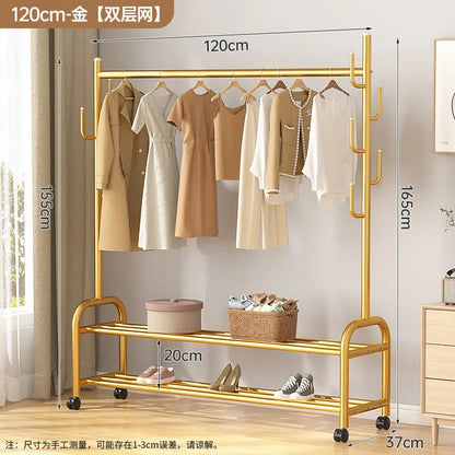 Aesthetic Golden Clothes Rack Metal Balcony Nordic Wheels Clothes Rack Floor Bedroom Burro Ropa Perchero Hallway Furniture