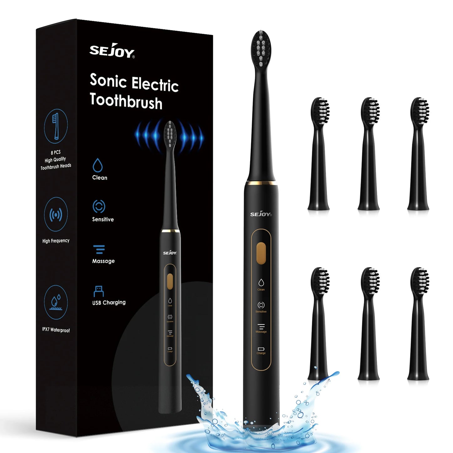 Sejoy Electric Toothbrush for Adults IPX7 Waterproof DuPont Brush Head USB Rechargeable High Frequency Cleaning 3 Cleaning Modes