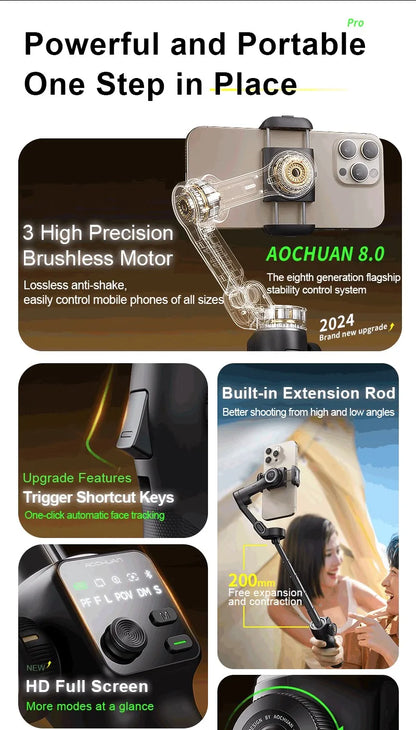 AOCHUAN 3-Axis Handheld Gimbal Phone Stabilizer with Extension Rod  8.0 Anti Shake Face Tracking for Phone Outdoor Shooting Vlog