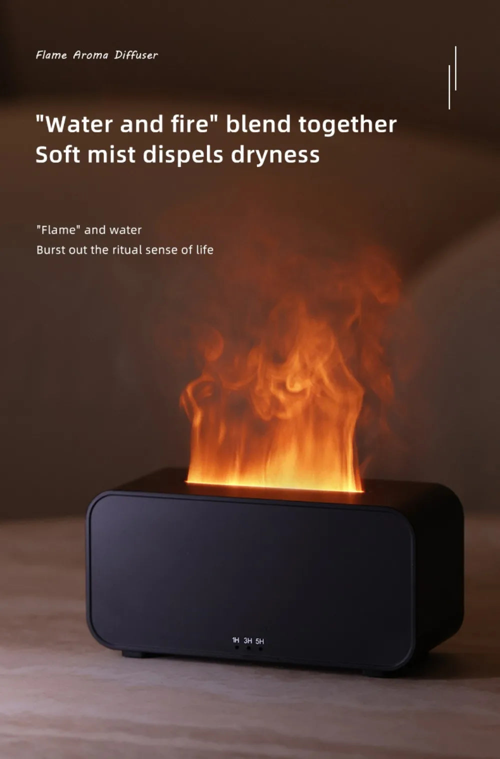 Luftbefeuchter mit Flammen-Aromatherapie-Diffusor, der ätherische Öle in 7 Farben aufnehmen kann, mit Timer und USB-Anschluss für den Schreibtisch.