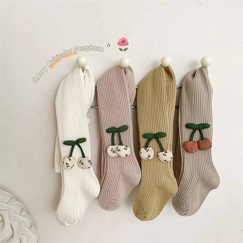 Girls Cotton Tights with Cherry Pattern - Soft Pantyhose for Kids Ages 2-10 Years