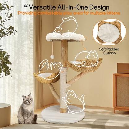 Modern Cat Tree Activity Tower with Plush Cushion and Toy Ball Sisal Scratching Post Kitten Play House for Indoor