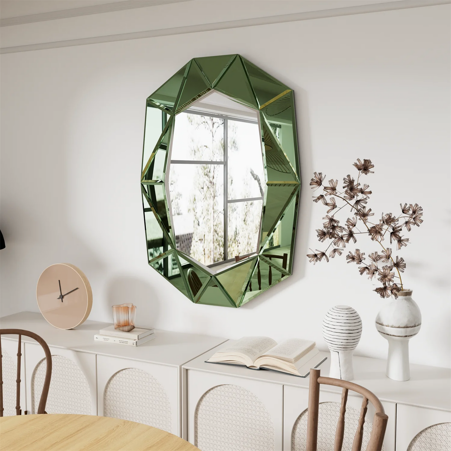 Asymmetrical Decorative Wall Mirror for Living Room and Bedroom, Glass Inlayed Accent Vanetian Mirror, 100cm