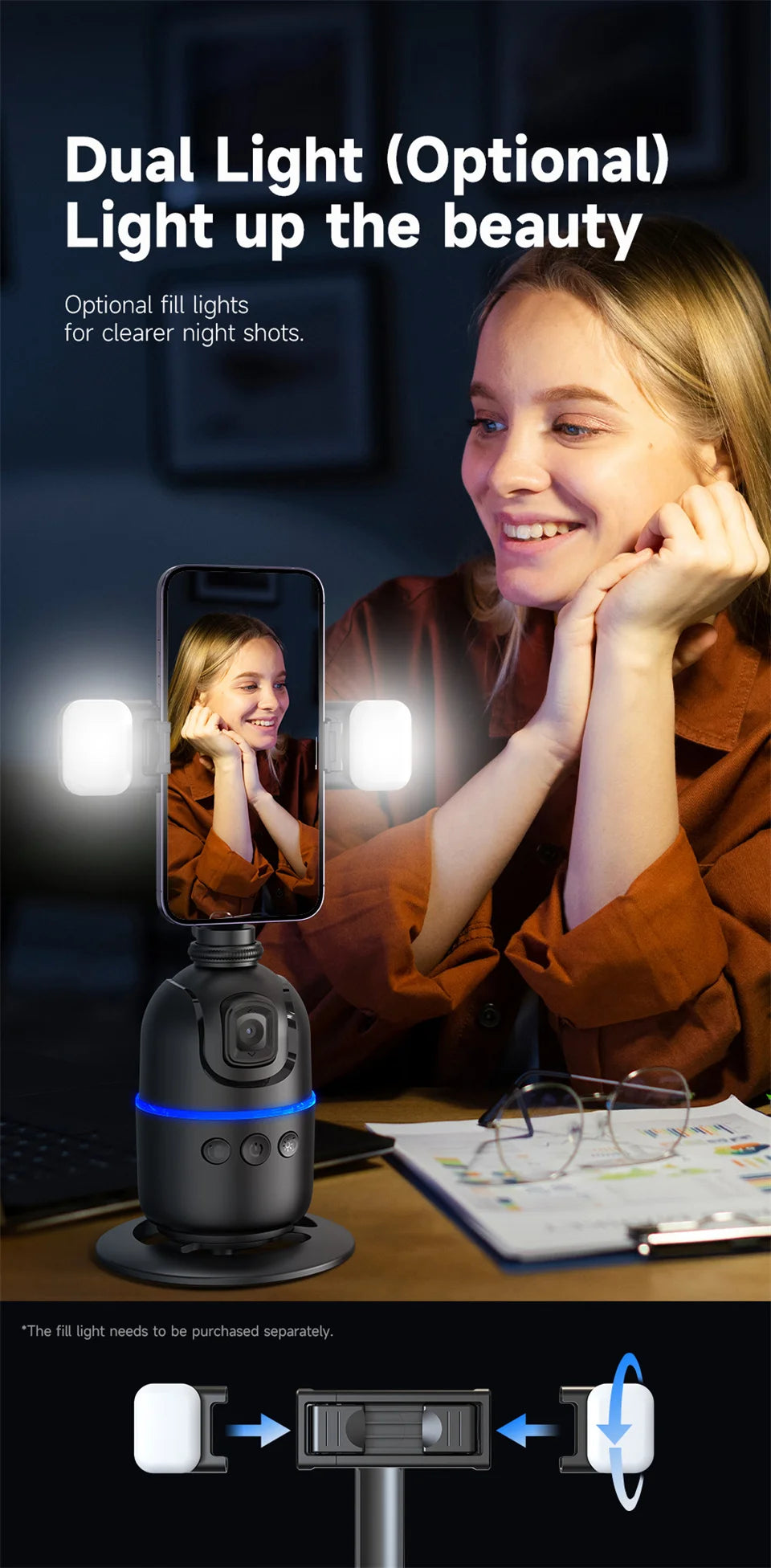 Roreta Multifunctional selfie stick with light anti shake shooting image stable for iPhone smartphone handheld gimbal stabilizer
