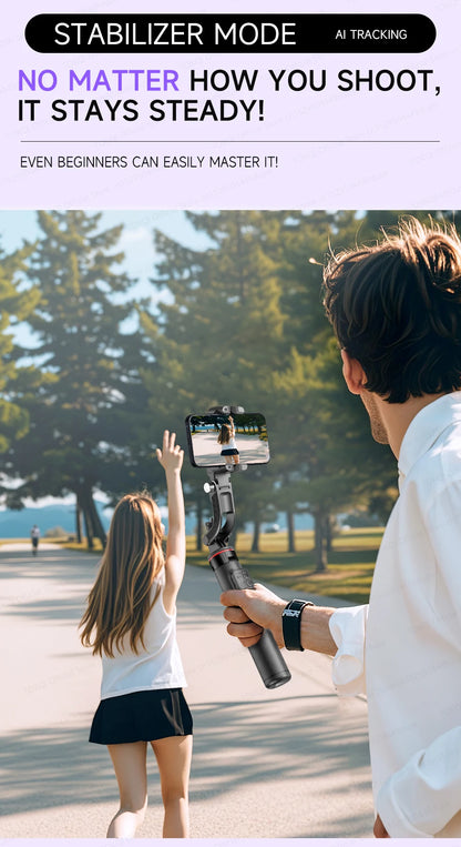 C22 AI Face Tracking Handheld Gimbal Stabiliser 360° Rotation Shoot Selfie Stick Tripod for Mobile Phone, 1/4'' Screw for Camera