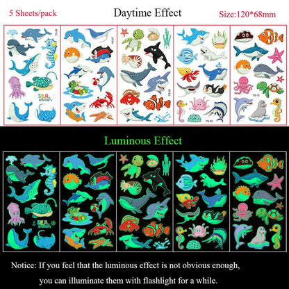 5 Sheets Luminous Tattoo Stickers Colorful Animal Mermaid Dinosaur Temporary Tattoos for Hand  Body Fake Tattoo Waterproof