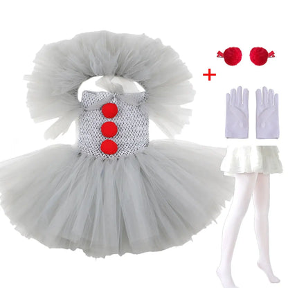 80s 90s Clown Tutu Dress with Gloves Hair Pin Pennywise Role Play Joker Costume Halloween Creature It Cosplay Girls Doll Cosplay