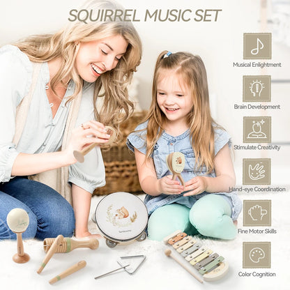 Music Toys Baby Wooden Montessori Toys Children Music Instrument Squirrel Maracas Drum Xylophone Early Education Sensor Toys Set