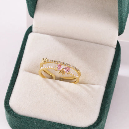 Pink Zircon Bow Heart Rings For Women Gold Plated 18K Plated Adjustable Heart Ring 2026 Trend Wedding Aesthetic Jewelry Gift