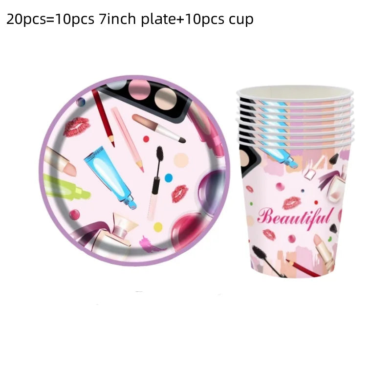 Make Up Theme Birthday Disposable Tableware Paper Plate Cups For Spa Makeup Girl Party Lipstick Red Lips Balloon Valentines Gift