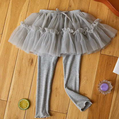 Kids Autumn Leggings Children Cute Thin Style Yarn Skirt Kids Solid Color Bow Skinny Pants