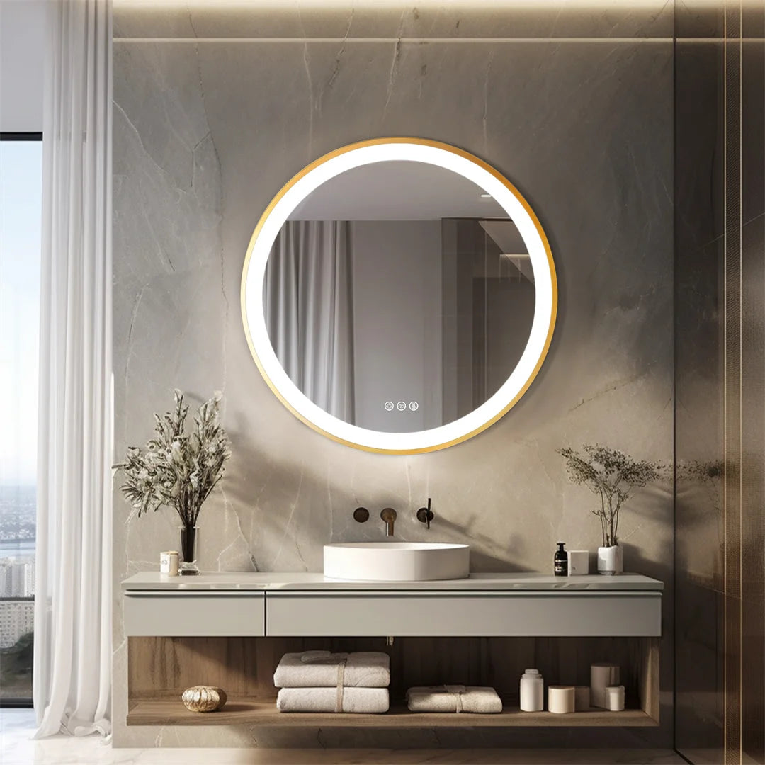 LUVODI 24 Inch Gold Frame Round Bathroom Mirror with Lights Illuminate Wall Vanity Mirror 3 Color Dimmable Anti-Fog Smart Mirror