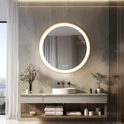 LUVODI 24 Inch Gold Frame Round Bathroom Mirror with Lights Illuminate Wall Vanity Mirror 3 Color Dimmable Anti-Fog Smart Mirror