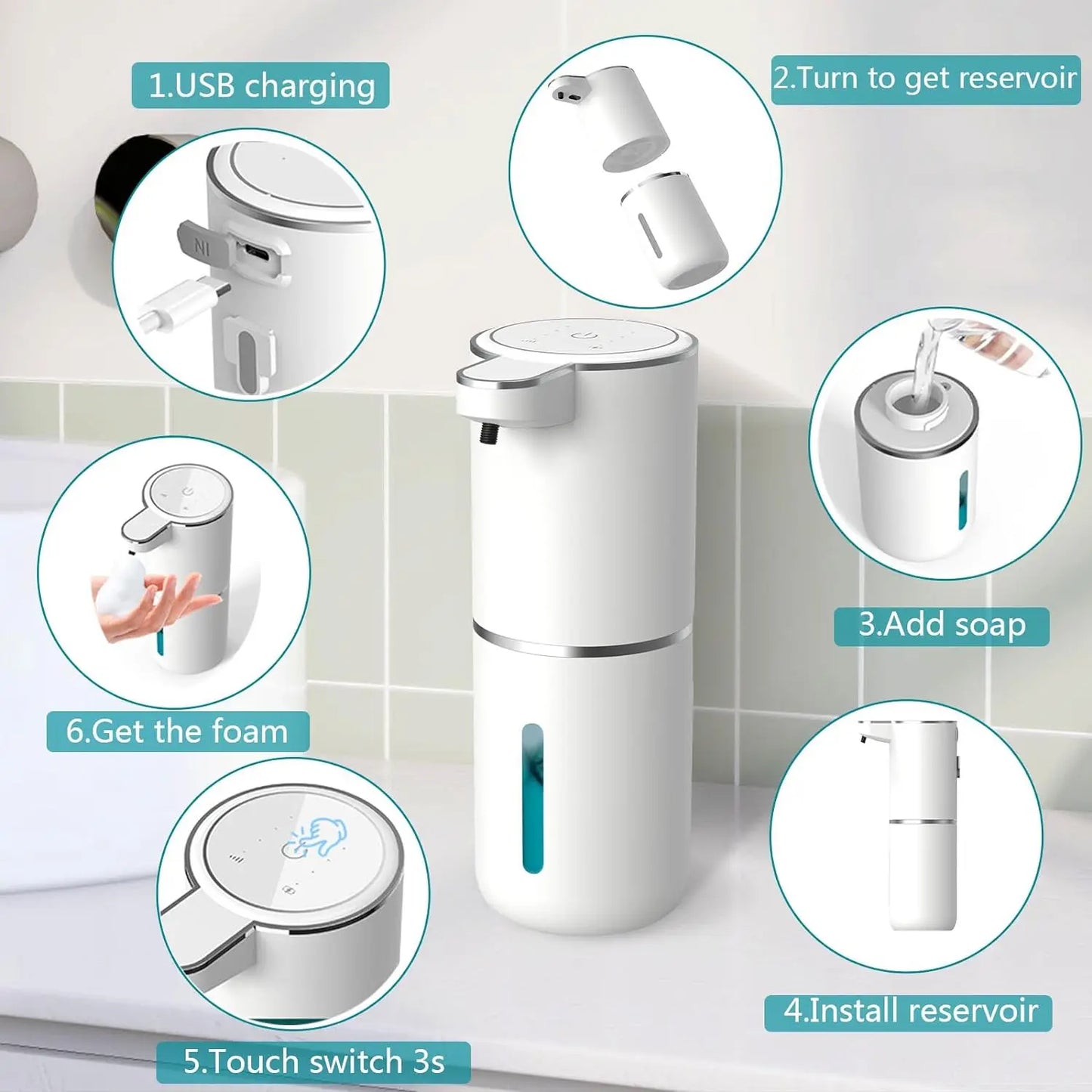 Automatic Soap Dispenser Touchless Foaming Soap Dispenser 380ml USB Rechargeable Electric 4 Level Adjustable Foam Soap Dispenser