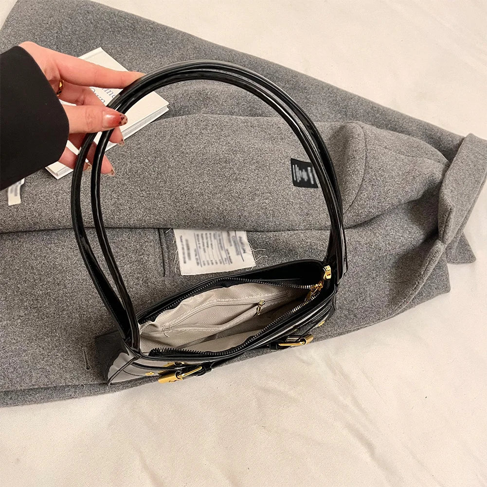 MOJOYCE Small Belt Design Glossy Patent Leather Shoulder Bags Women Luxury Brand Tote Handbag Y2K Underarm Bag with Inner Pocket