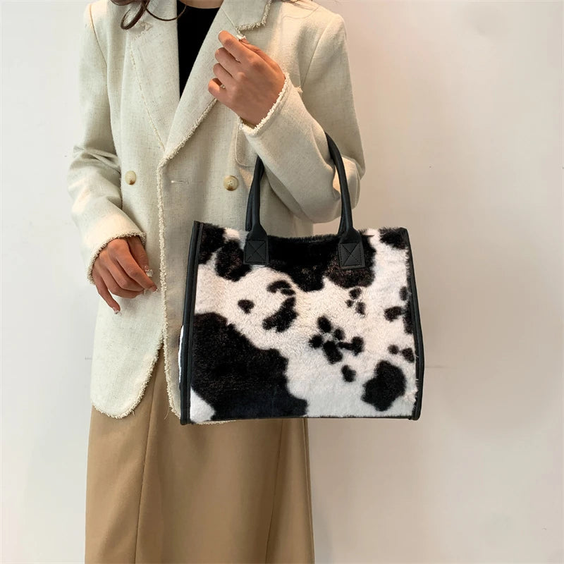 Winter Faux Fur ,Leopard Print Designer Shopper Totes, Fashion Soft Plush Women Shoulder Bags, Large Capacity Handbags and Purse