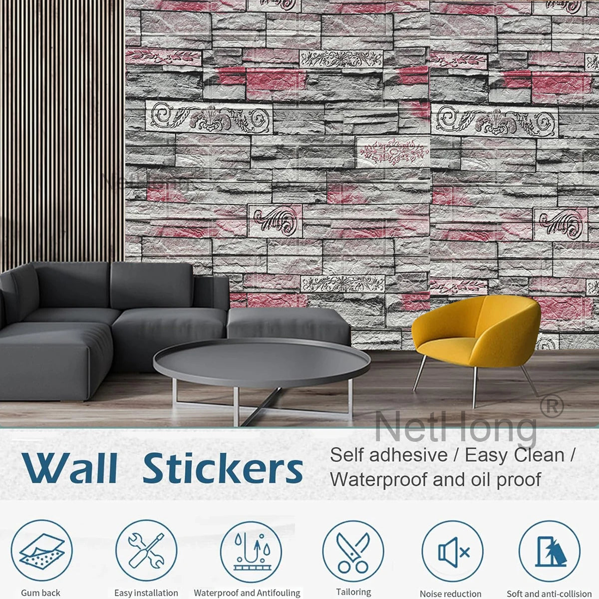 Waterproof Brick Stone Wallpaper Self Adhesive Vinyl Wall Decor Sticker 70*77cm