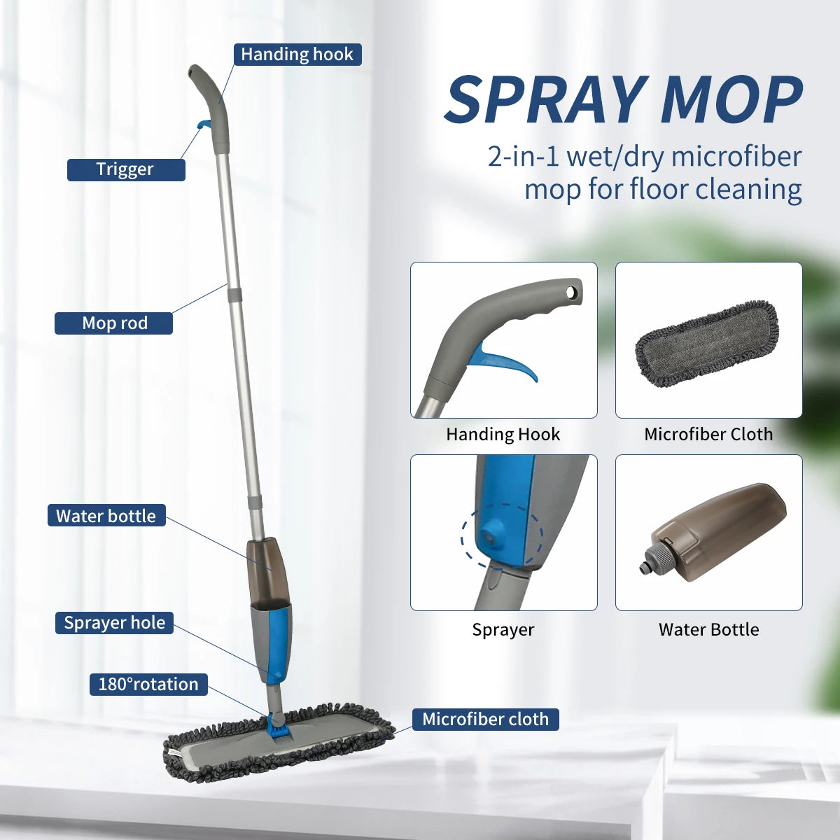 Spray Mop Broom Set Magic Flat Mops for Floor Home Cleaning Tool Brooms Household with Reusable Microfiber Pads Rotating Mop