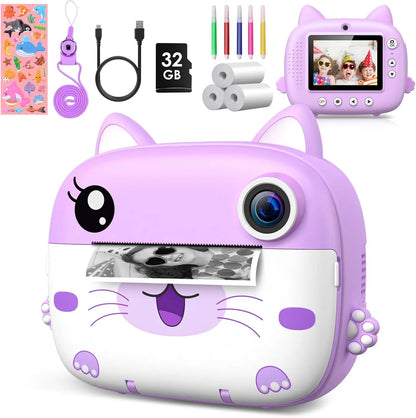 Kids Instant Print Camera 2.4 Inch 1080P Digital Camera Portable Cartoon Video Camera With 32GB Card & 5 Color Pens