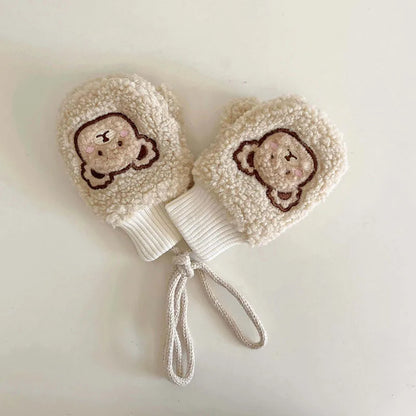 Lamb Fleece Baby Plush Mittens Cute Bear Kids Hanging Neck Glove 1-4Year Boy Girl Children Winter Full Finger Gloves Hand Warmer