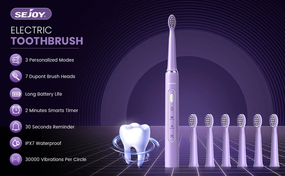 Sejoy Electric Toothbrush with 6 Heads 3 Cleaning Modes for Dental Care Smart Timer Rechargeable Sonic Toothbrush