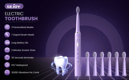 Sejoy Electric Toothbrush with 6 Heads 3 Cleaning Modes for Dental Care Smart Timer Rechargeable Sonic Toothbrush