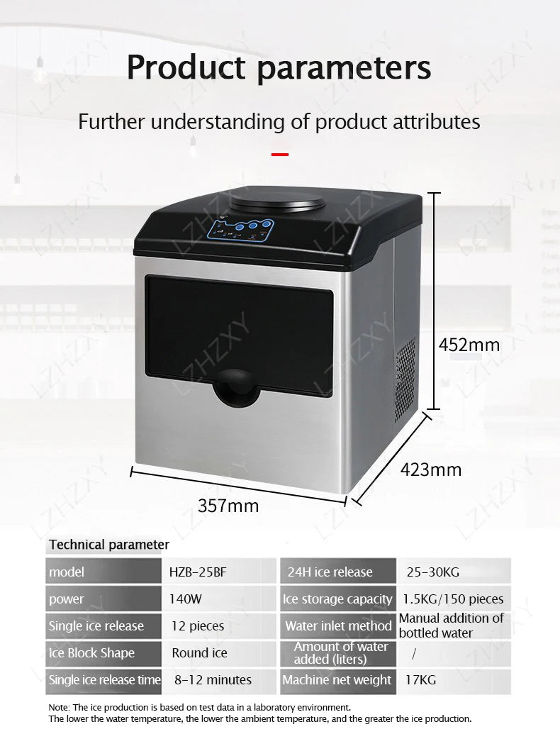 Commercial Ice Machine 25KG Desktop Multifunctional Bucket of Water Automatic Ice Machine Bullet-shaped Round Ice Home Appliance