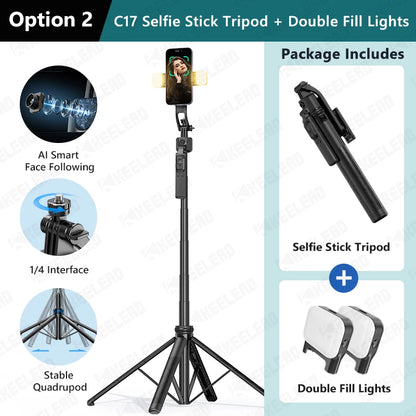 Tripod for Mobile Phone 360°Auto-Rotation Shooting C17 Quadrapod Selfie Stick Phone Stand AI Face Following, with Remote Control