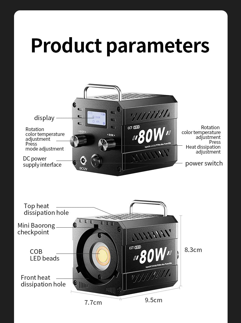 ZU80/ZU60 Photo Studio Light COB Bi-Color 2500-8500K CRI≥95 TLCI≥97 With Diffuser LED Video Lights Fill Lighting
