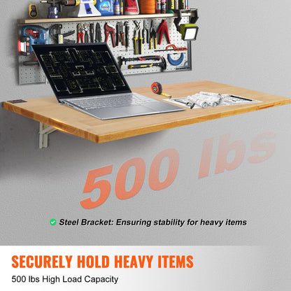 VEVOR Wall Mounted Folding Table, Wall Mount Drop Leaf Table, Wooden Floating Desk with Iron Bracket, Fold Down Desk for Spaces