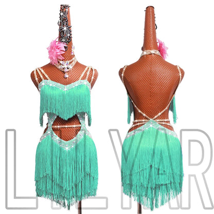 New professional Latin dance competition performance dress with sea blue tassel short open waist sparkling diamond dance skirt