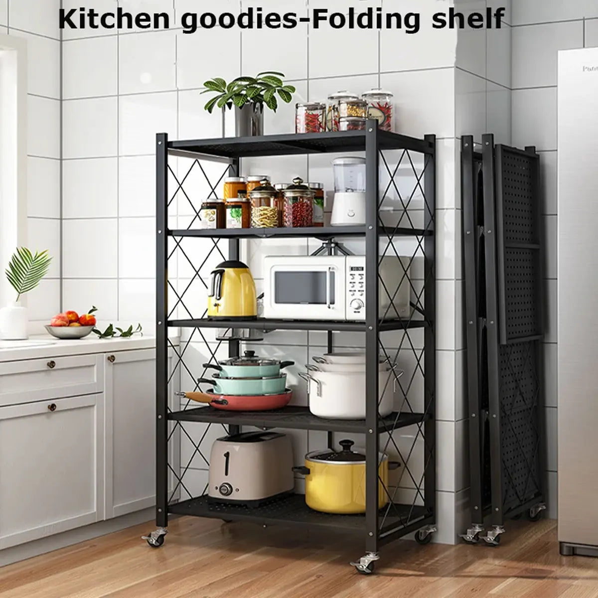 Folding Trolley Cart Shelf Storage Rack Rolling Office Wheels Metal 3/4/5 Tier