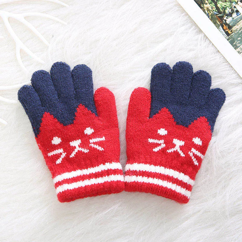 Cute Cartoon Kids Knitted Gloves Thick Fleece Children Five Finger Mittens 4-10Year Boys Girls Winter Hand Warmer Fashion Gloves