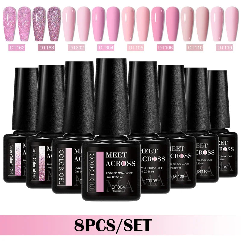 MEET ACROSS 8-teiliges Gel-Nagellack-Set für alle Jahreszeiten, Neon-Marcaron-Grün-Rot-Serie, UV-Gel-Lack-Maniküre-Set, Nagelzubehör