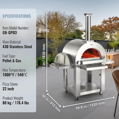 VEVOR Dual Fuel Pizza Oven for Outdoor Use 22" Pizza Oven Pellet & Gas Powered Outdoor Pizza Oven with Cordierite Pizza Stone