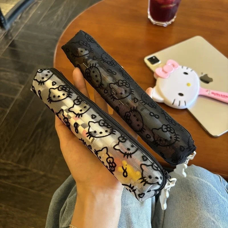 Sanrio Mesh Hello Kitty Black and White Pencil Case Zero Wallet Headphone Bag Girl's Portable Makeup Brush Storage Bag Gift