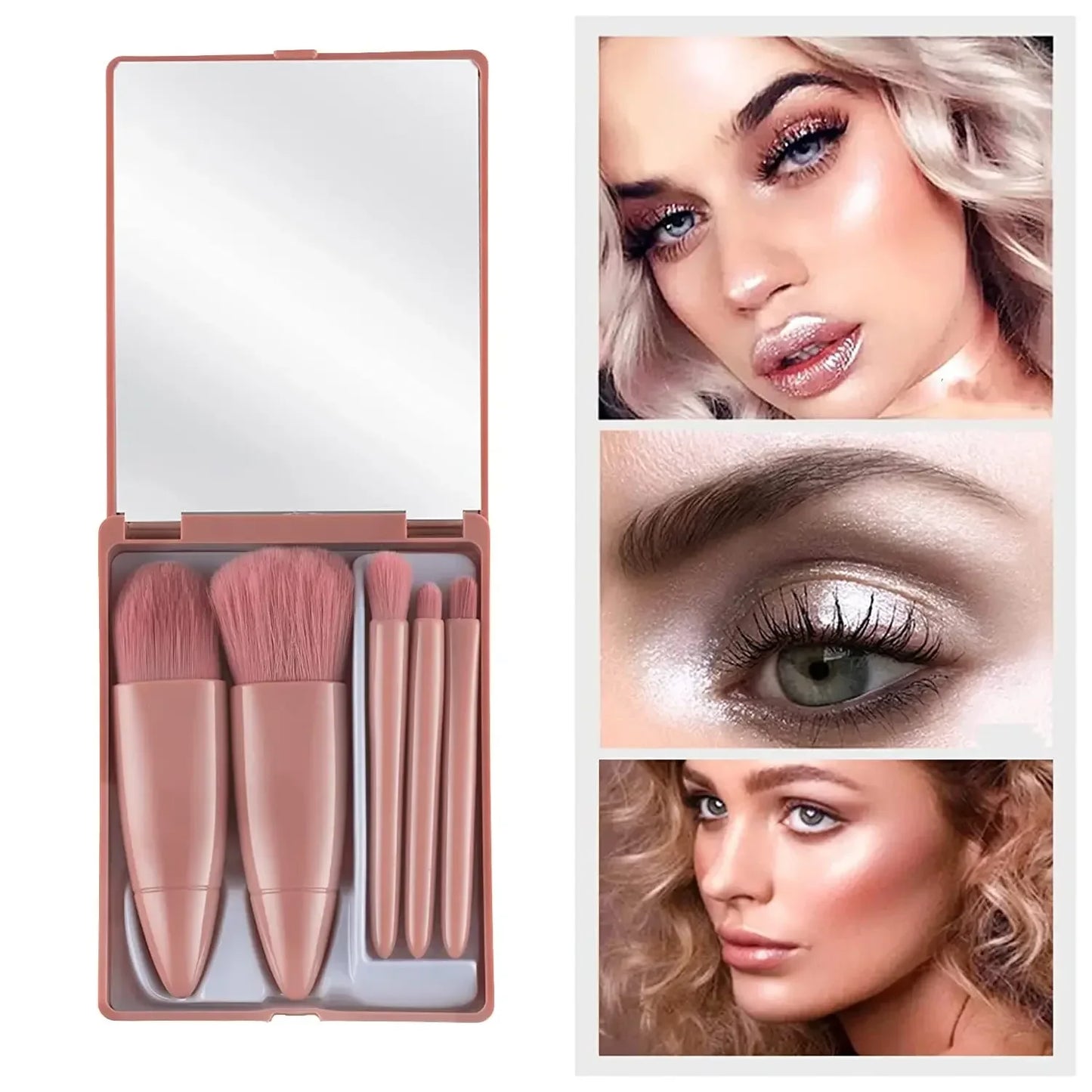 5pcs Mini Makeup Brush Set with Mirror - Multifunctional Travel Cosmetic Brushes, Unscented, Palm Brush Design Makeup Tools