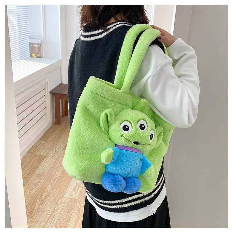 Disney 2025 New Cartoon Plush Doll Shoulder Bag Sweet and Cute Stitch Strawberry Bear Soft Cute Girls Handbag