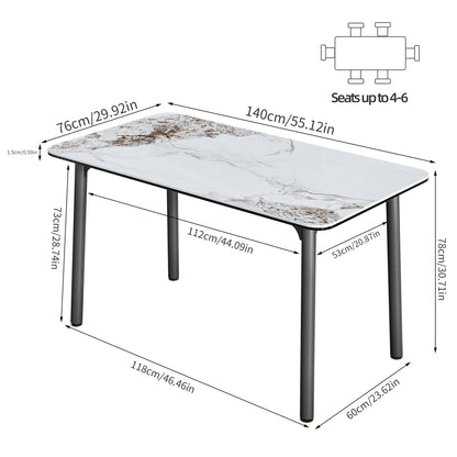 Ink Texture Sintered Stone & Glass Top Kitchen Dining Table No Chairs Rectangle Slate Dinner Table for Restaurant Cafe 1.4/1.6M