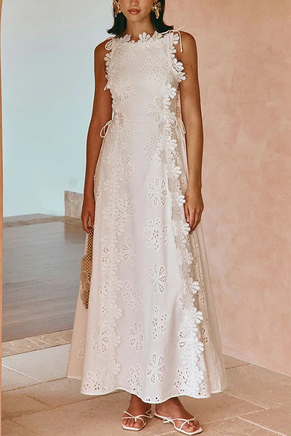 2025 Summer New Fashion Lace Embroidery Women Strap Resort Slimming Long Dress Simple Solid Color Female Banquet Dresses