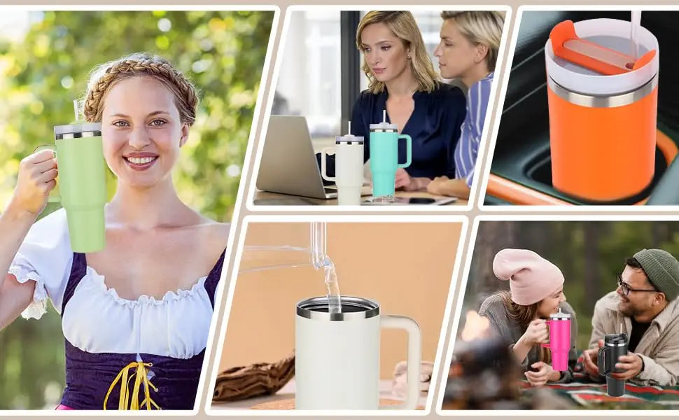 Isolierbecher mit Griff, 1200 ml, aus Metall und Edelstahl, Vakuum-Tragbecher mit Strohhalm, großer Thermobecher für heißen und kalten Kaffee