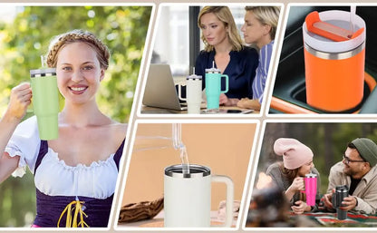 Isolierbecher mit Griff, 1200 ml, aus Metall und Edelstahl, Vakuum-Tragbecher mit Strohhalm, großer Thermobecher für heißen und kalten Kaffee