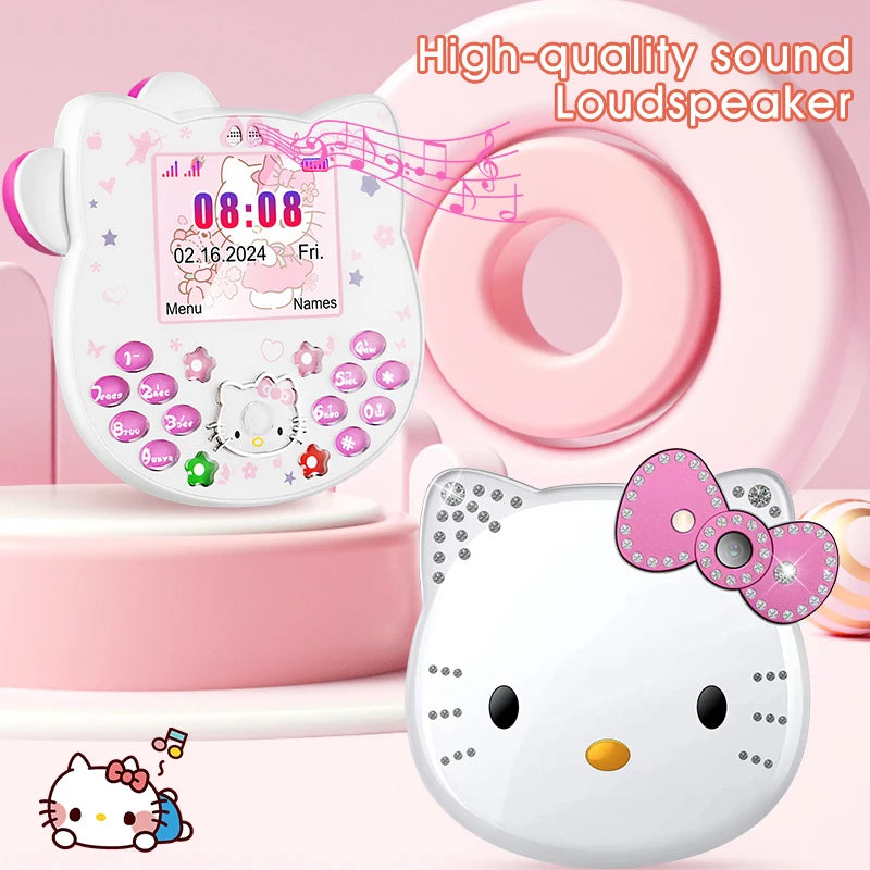 2024Hot miniso Hello Kitty Kawaii Mini Flip Phone I68 Girl Mobile Phone Student Anime Phone Music Mobile Phone Kid Birthday Gift